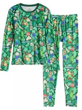Cuddl Duds Stretch Base Layer Minecraft Steve Alex Green Boys Large 2pc Set NIP